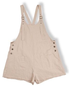 Emory Park Overall Romper Size L Beige Shortalls Adjustable Straps Pockets